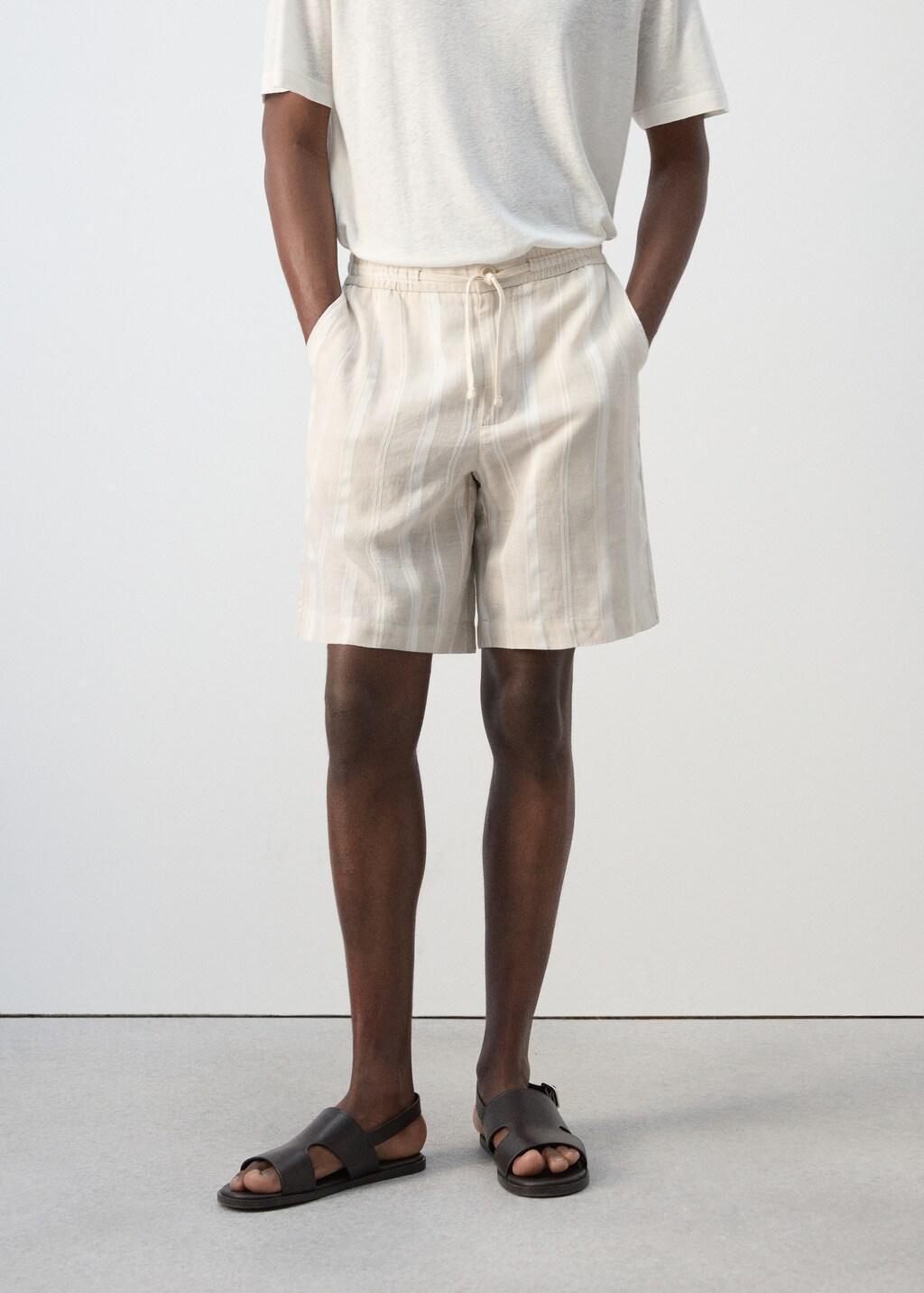 Beige Striped Linen-Blend Bermuda Shorts, Light Beige, large image number 3