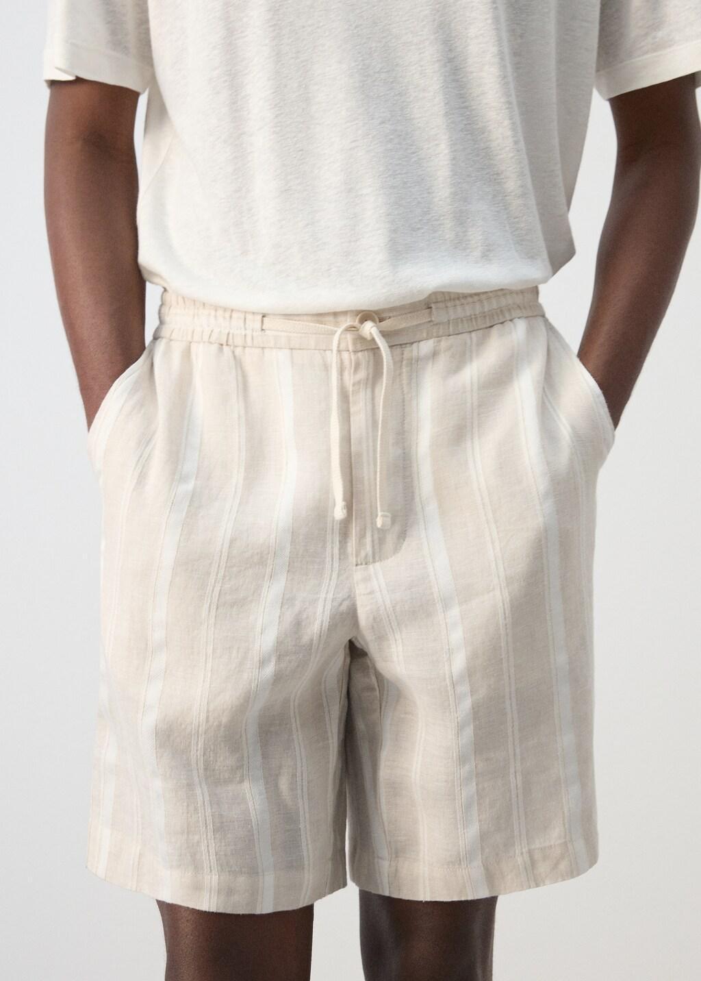 Beige Striped Linen-Blend Bermuda Shorts, Light Beige, large image number 4