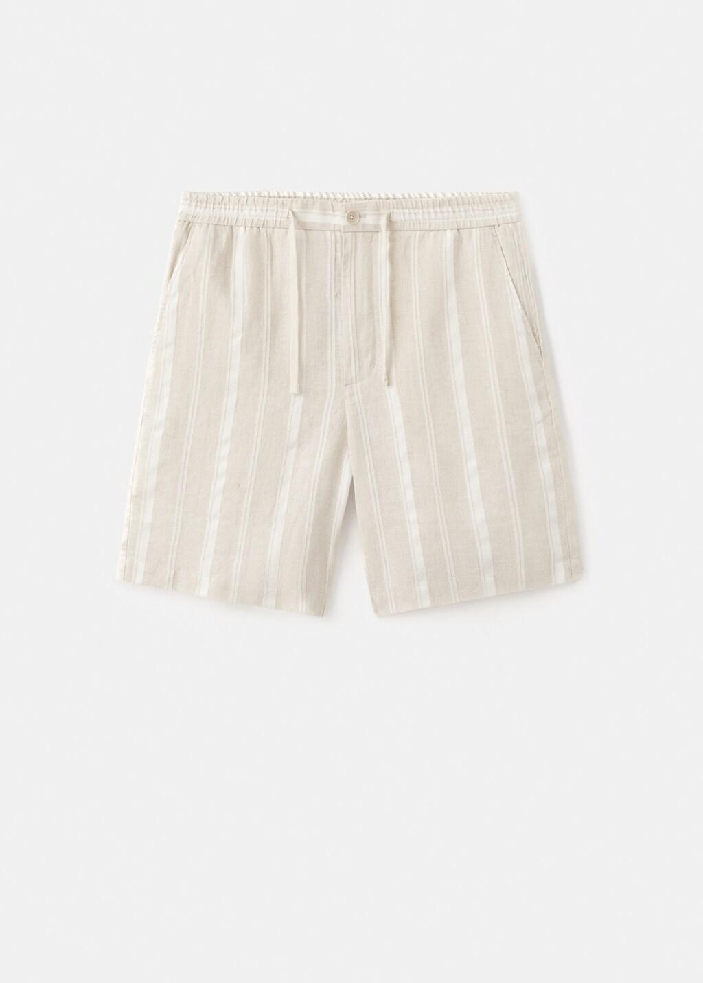Beige Striped Linen-Blend Bermuda Shorts, Light Beige, large image number 9