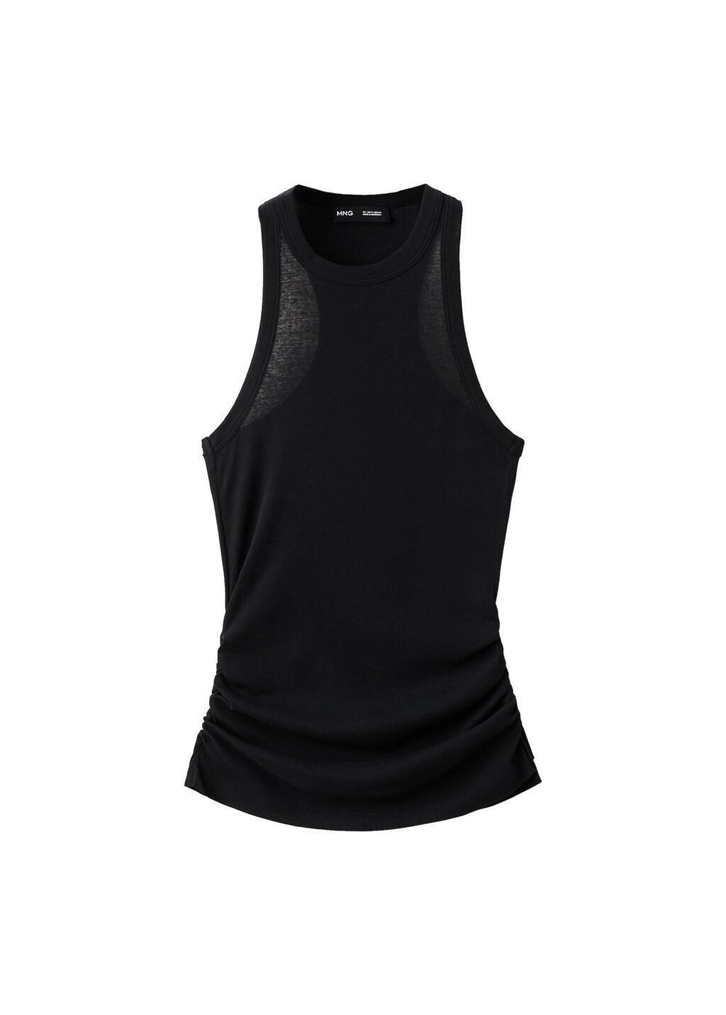 Black Cotton Top With Ruched Detail, Black, large image number 6