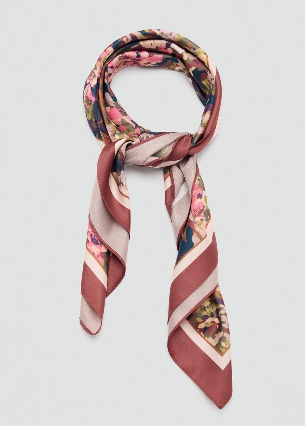 Brown Floral Satin Scarf, Brown, medium