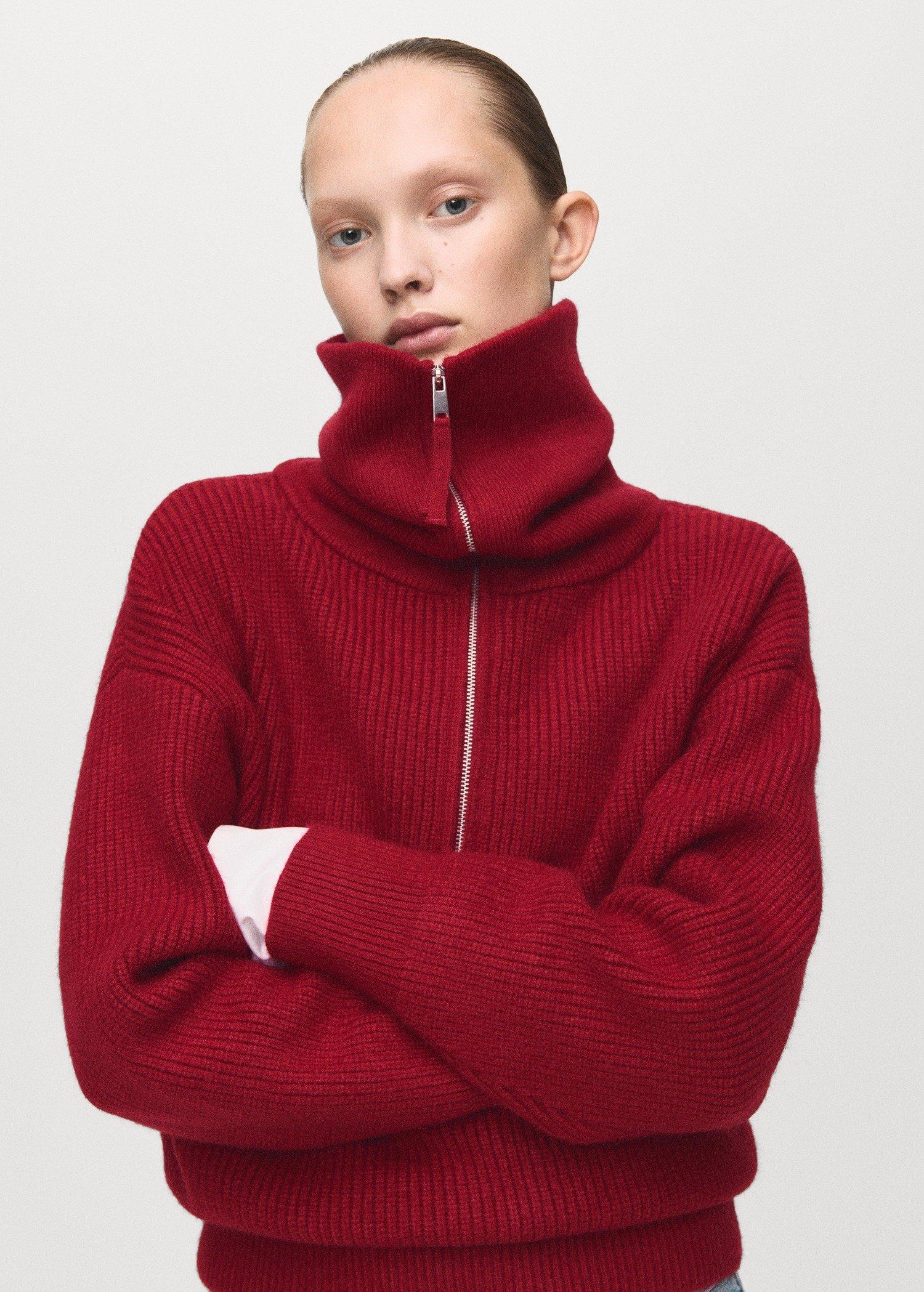 Red Funnel-Neck Zip Sweater, Dark Red, large image number 0