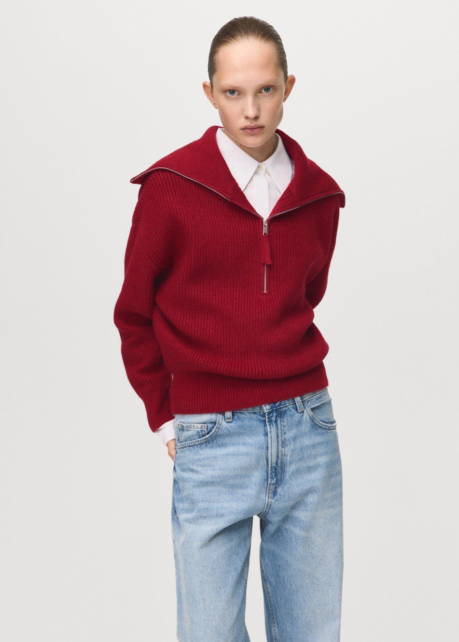 Red Funnel-Neck Zip Sweater, Dark Red, large image number 6