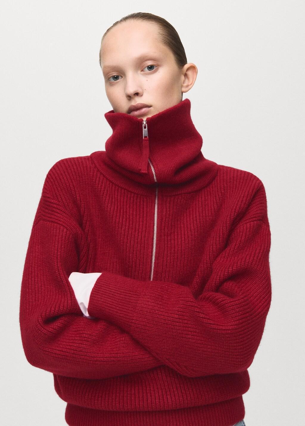 Red Funnel-Neck Zip Sweater, Dark Red, large image number 7