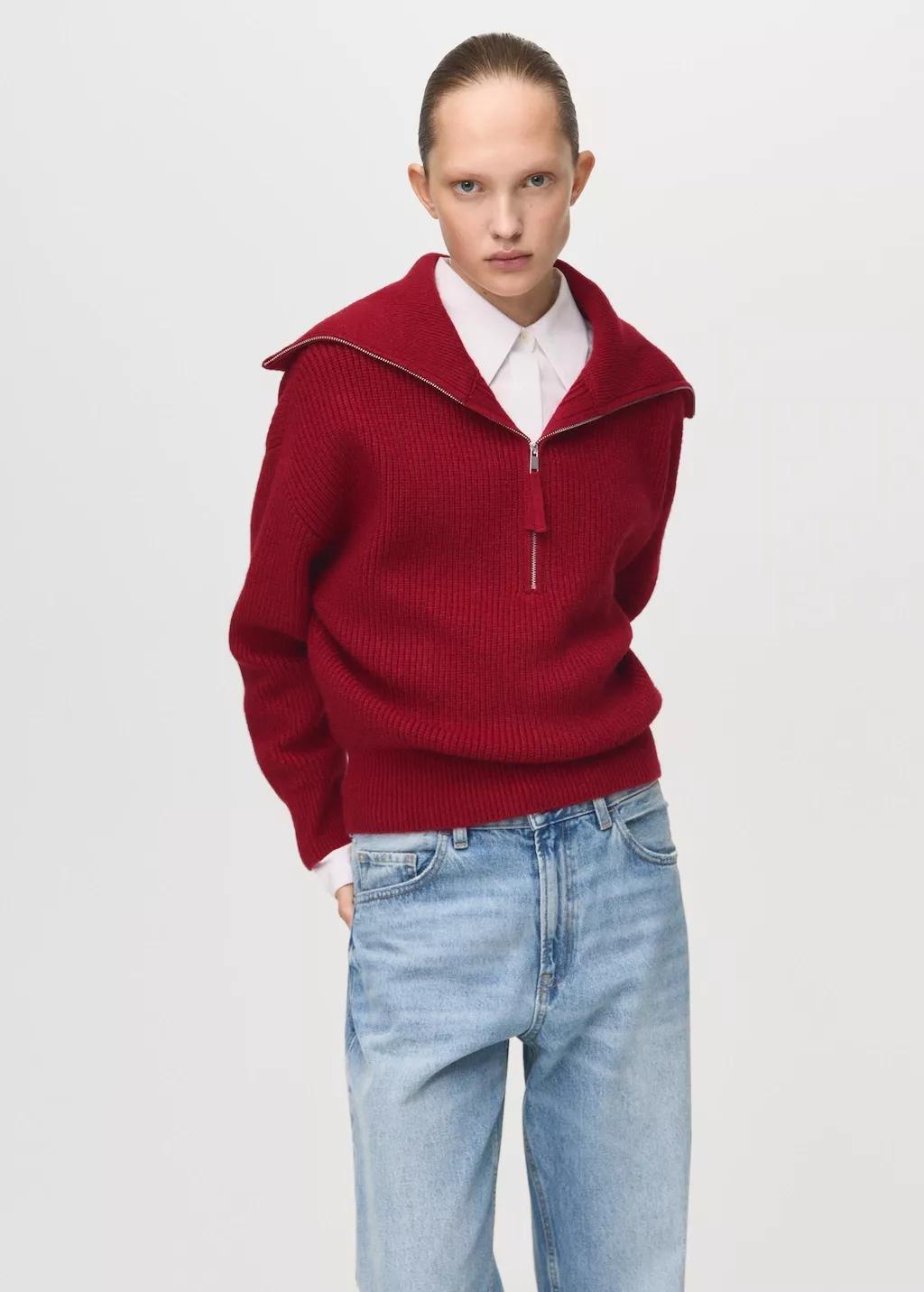 Red Funnel-Neck Zip Sweater, Dark Red, large image number 9
