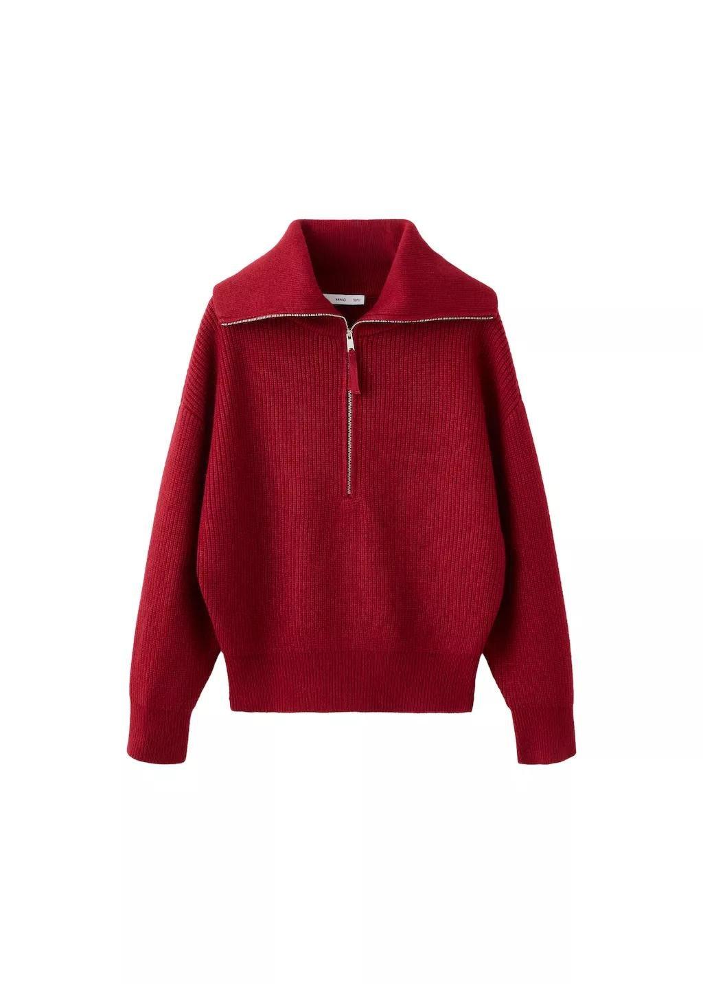 Red Funnel-Neck Zip Sweater, Dark Red, large image number 12