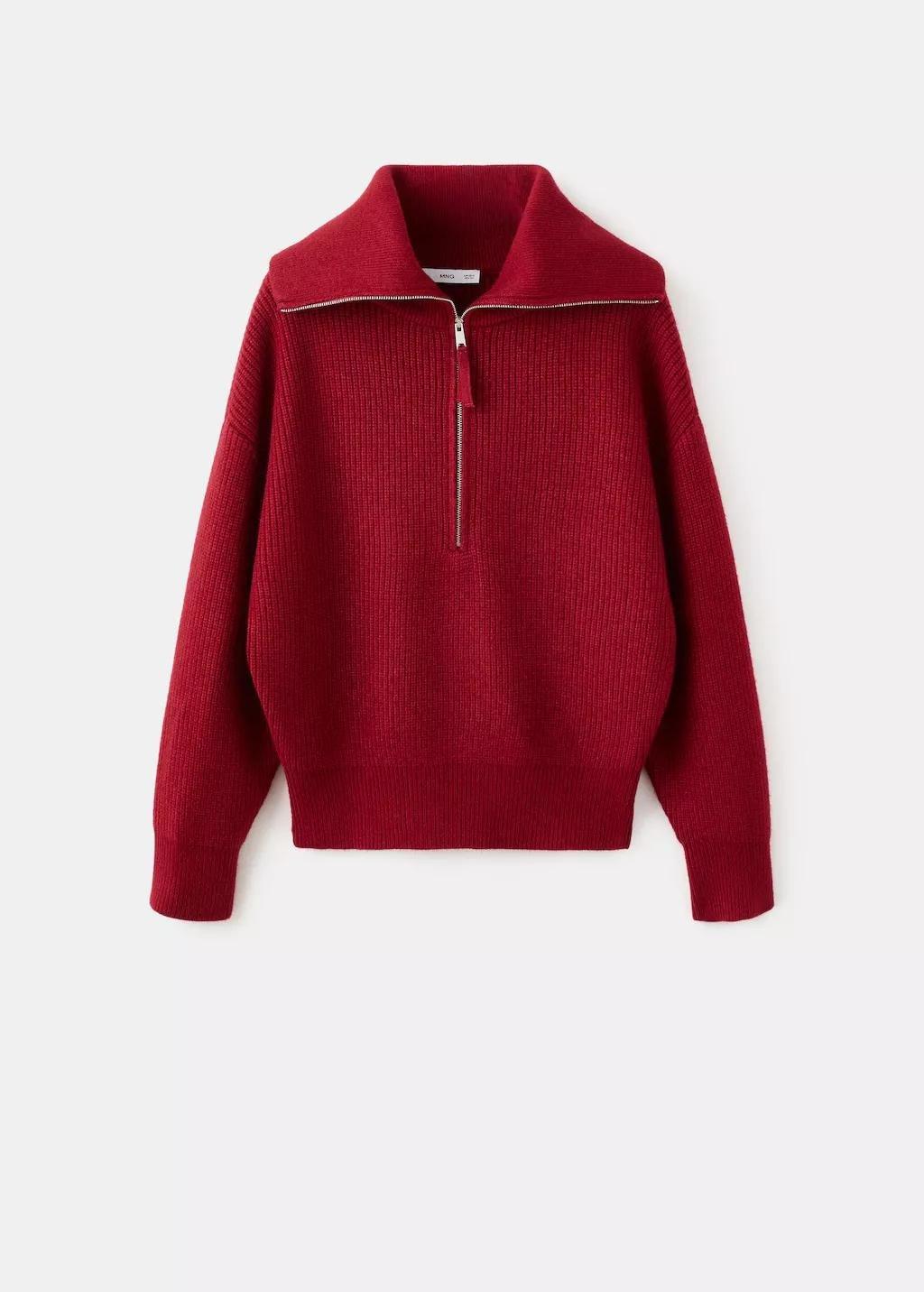 Red Funnel-Neck Zip Sweater, Dark Red, large image number 13