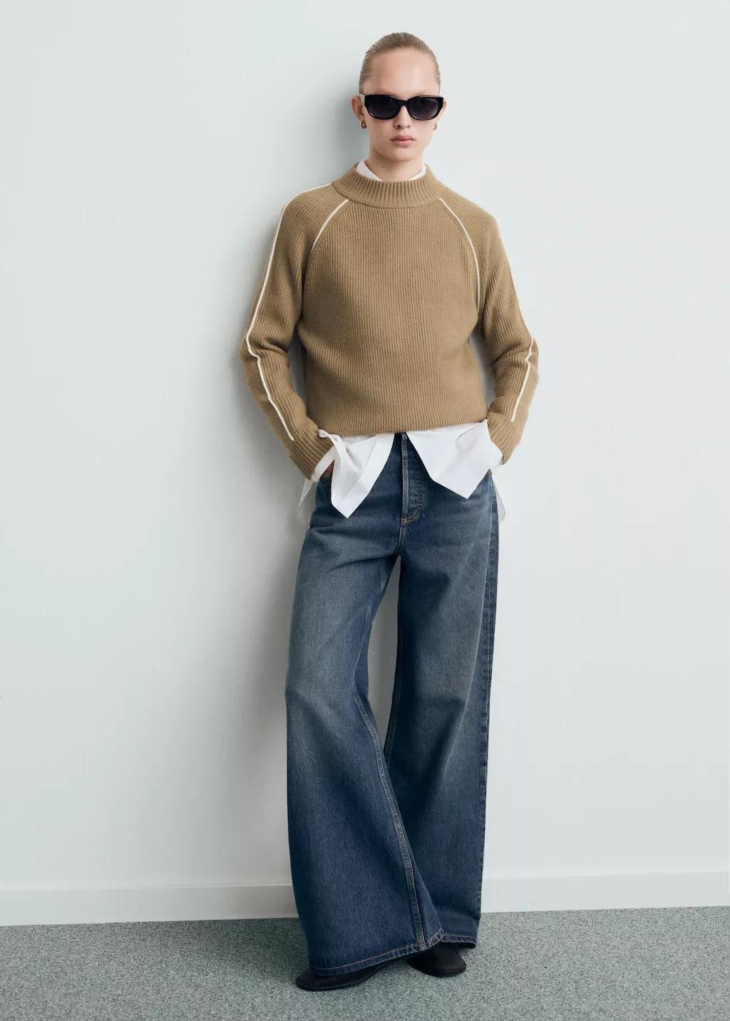 Brown Perkins-Collar Contrast Stripe Jumper, 0201_09, medium