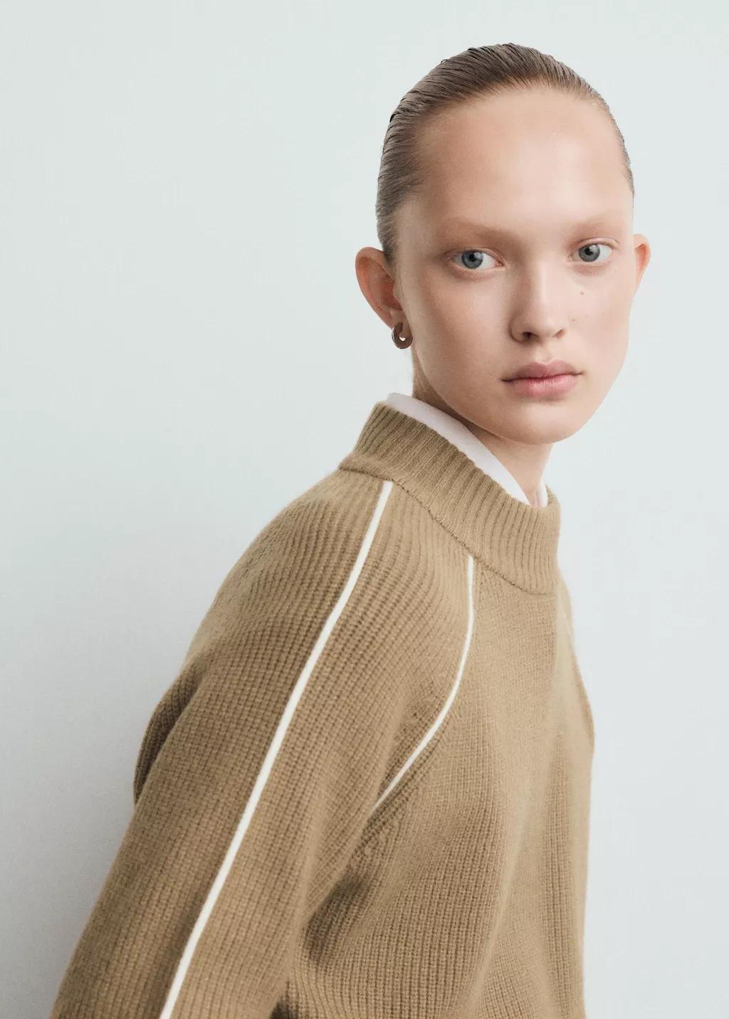 Brown Perkins-Collar Contrast Stripe Jumper, Medium Brown, large image number 4