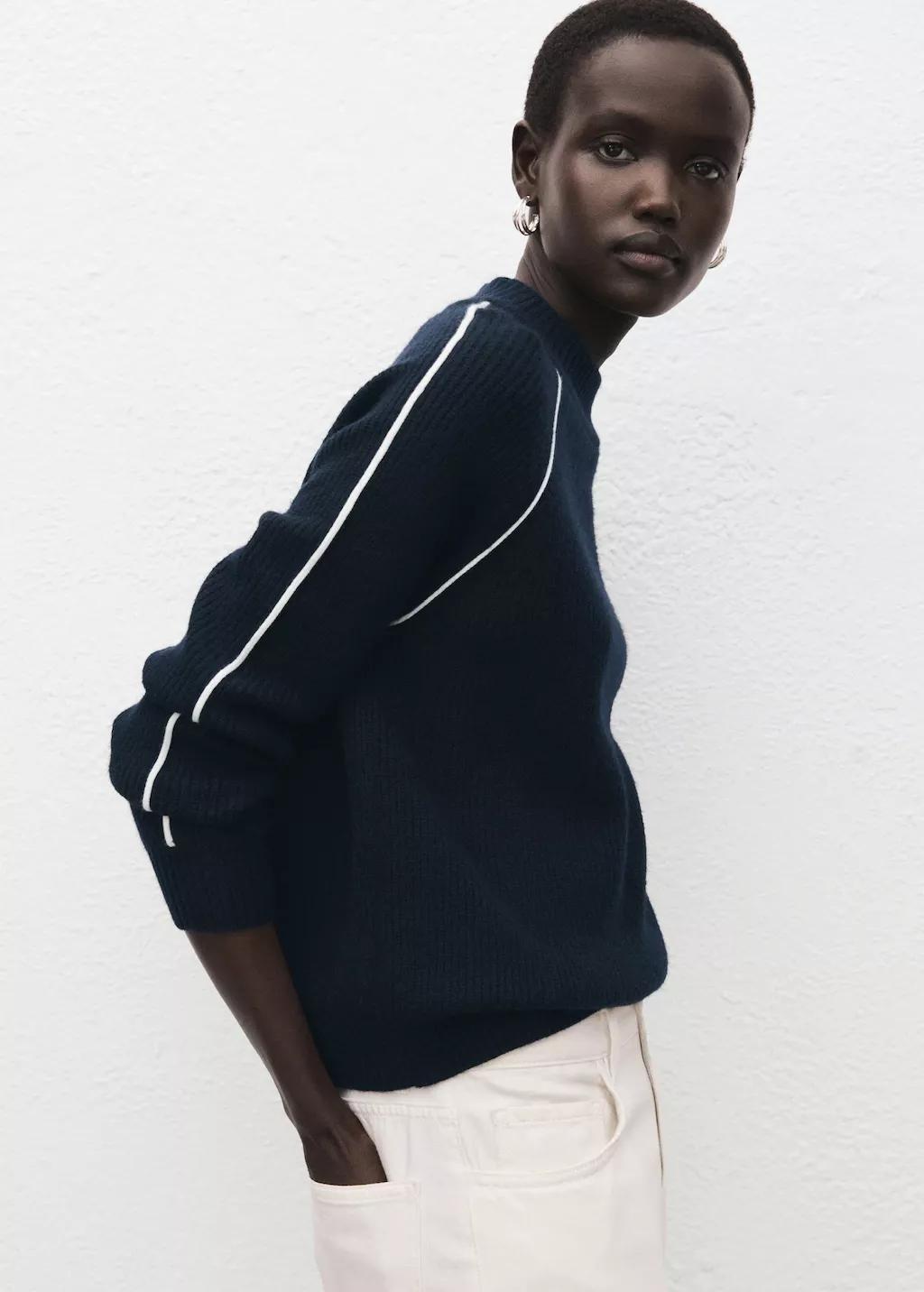 Navy Knitted Sweater With Perkins Neck, Navy, large image number 3