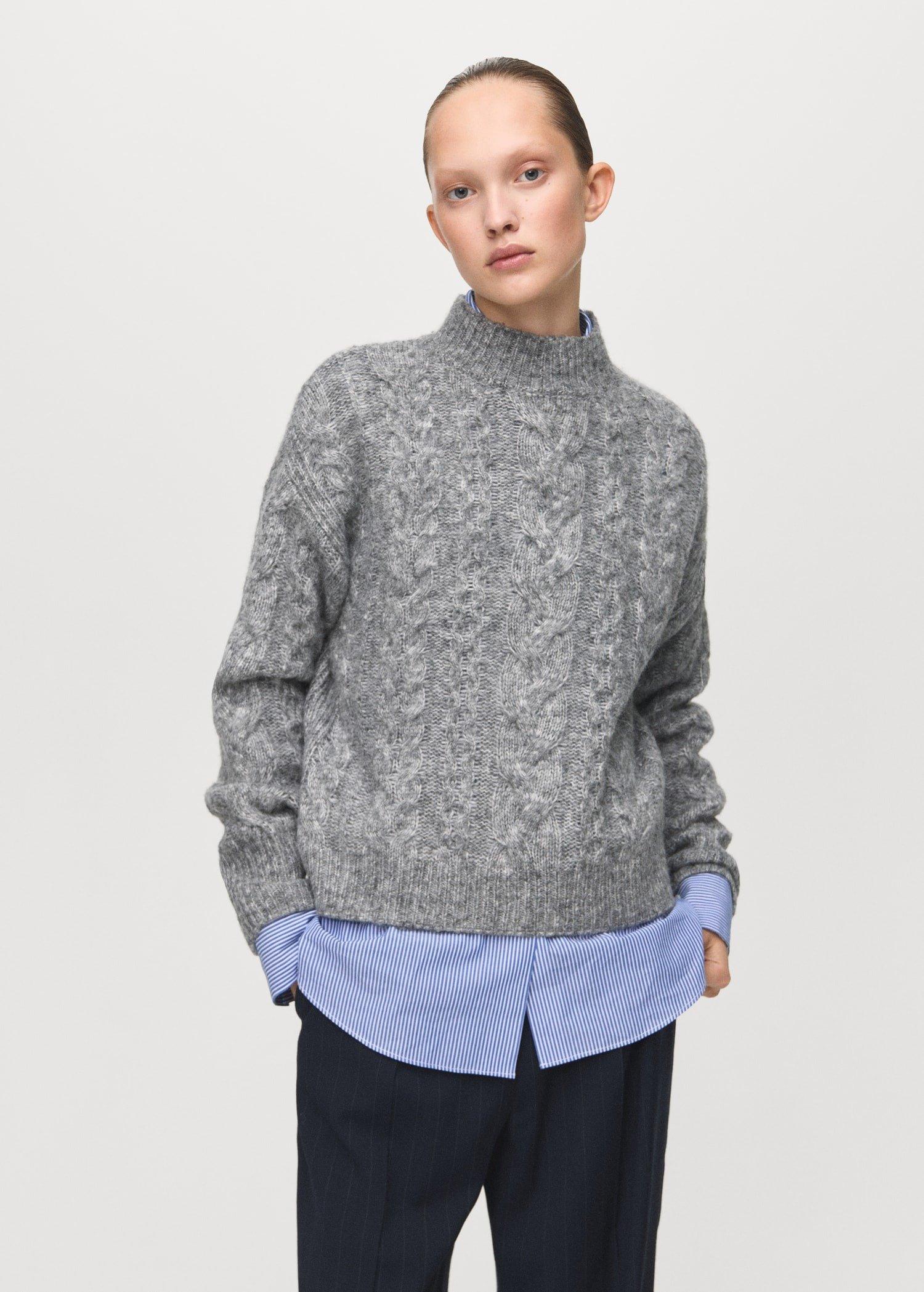 Grey Braided Perkins-Neck Sweater, Medium Grey, large image number 0