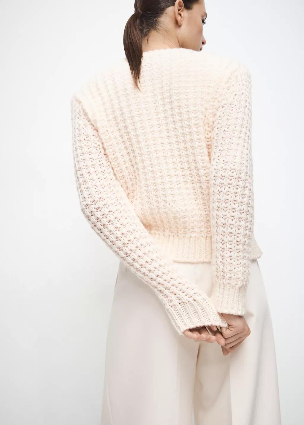 Cream Openwork Knit Sweater, Light Beige, large image number 2