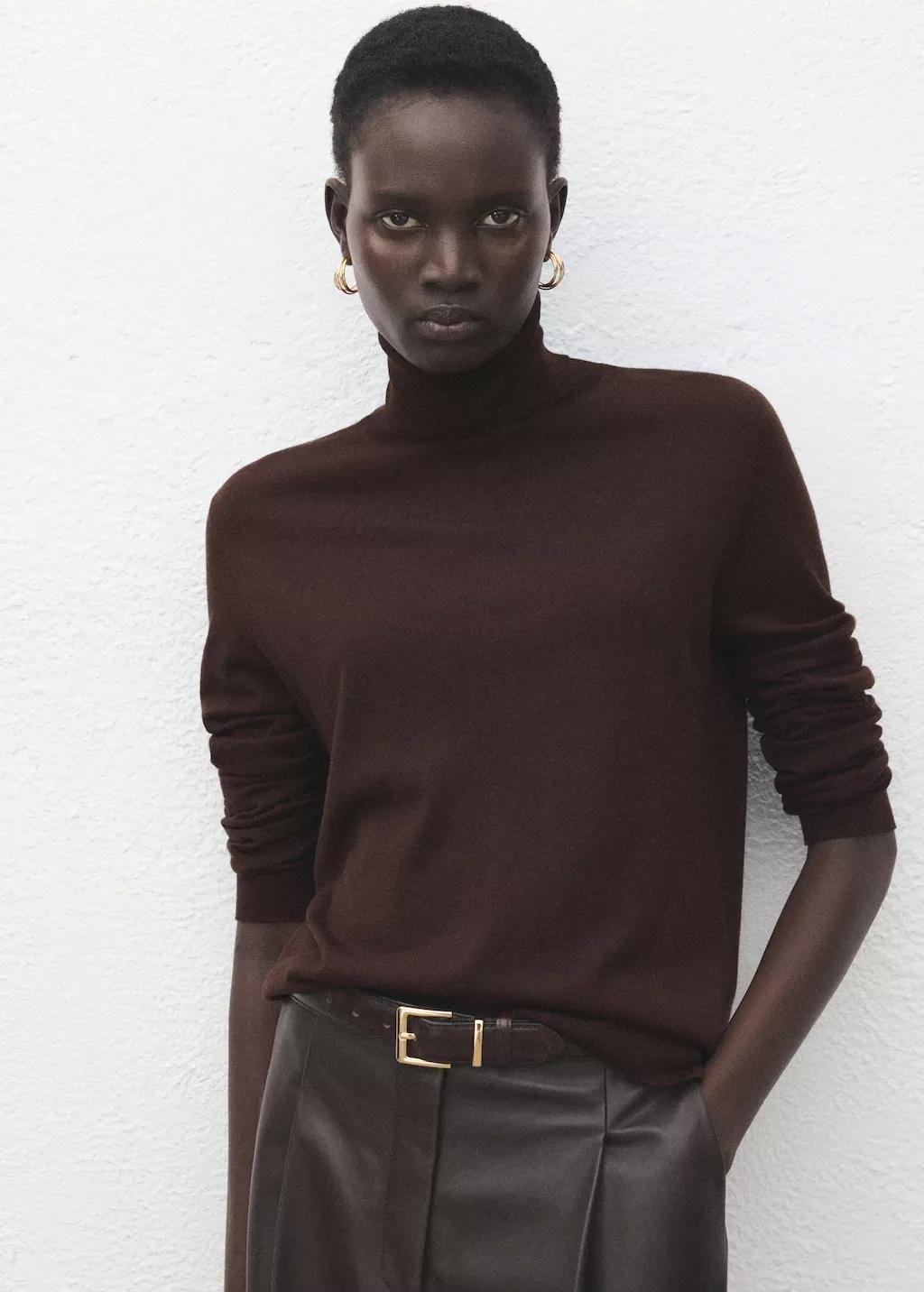Brown Turtleneck Knitted Sweater, Dark Brown, large image number 3