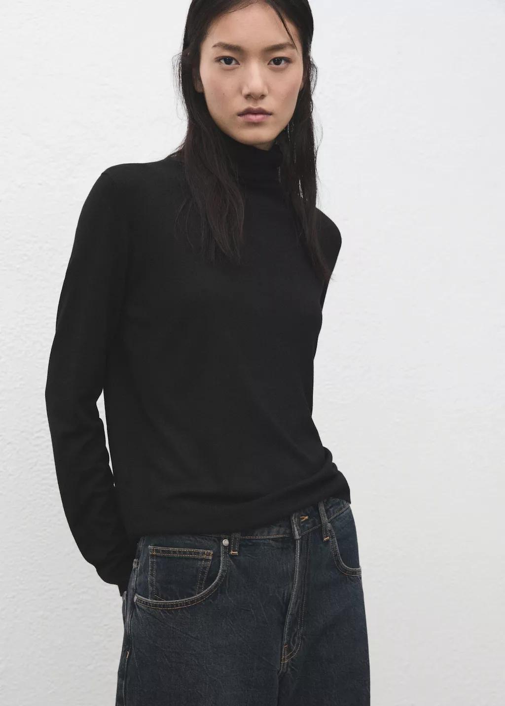 Black Turtleneck Knitted Sweater, Black, large image number 3
