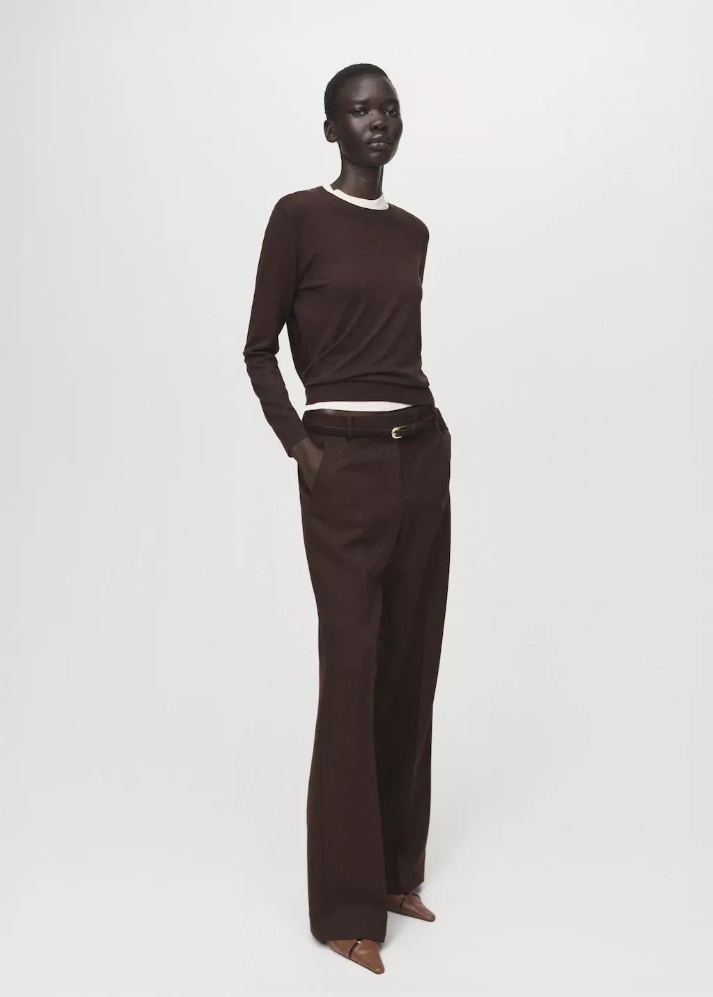 Brown Fine-Knit Crew-Neck Sweater, Dark Brown, large image number 0