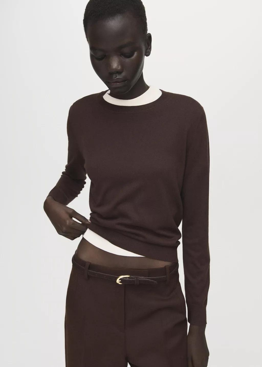 Brown Fine-Knit Crew-Neck Sweater, Dark Brown, large image number 3