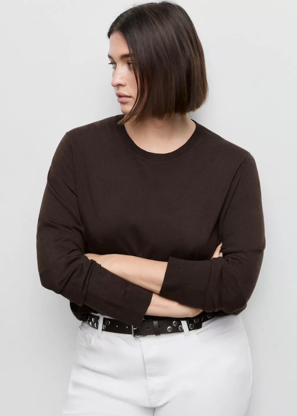 Brown Fine-Knit Crew-Neck Sweater, Dark Brown, large image number 6
