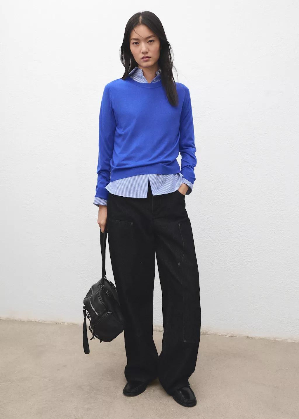 Blue Fine-Knit Crew-Neck Sweater, Bright Blue, large image number 0