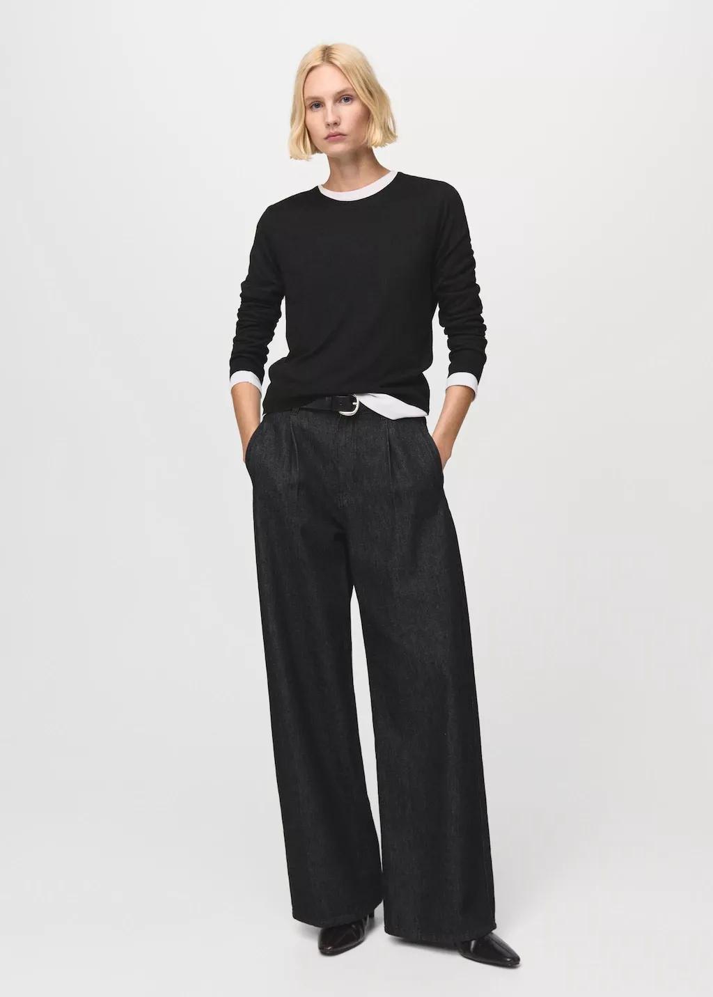 Black Fine-Knit Crew-Neck Sweater, Black, medium