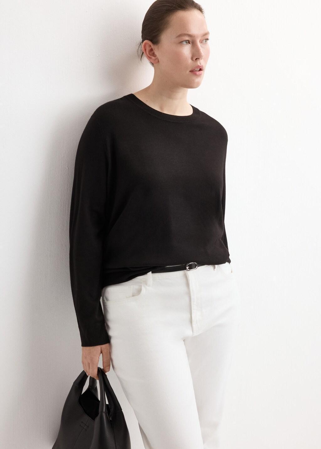 Black Fine-Knit Crew-Neck Sweater, Black, large image number 6