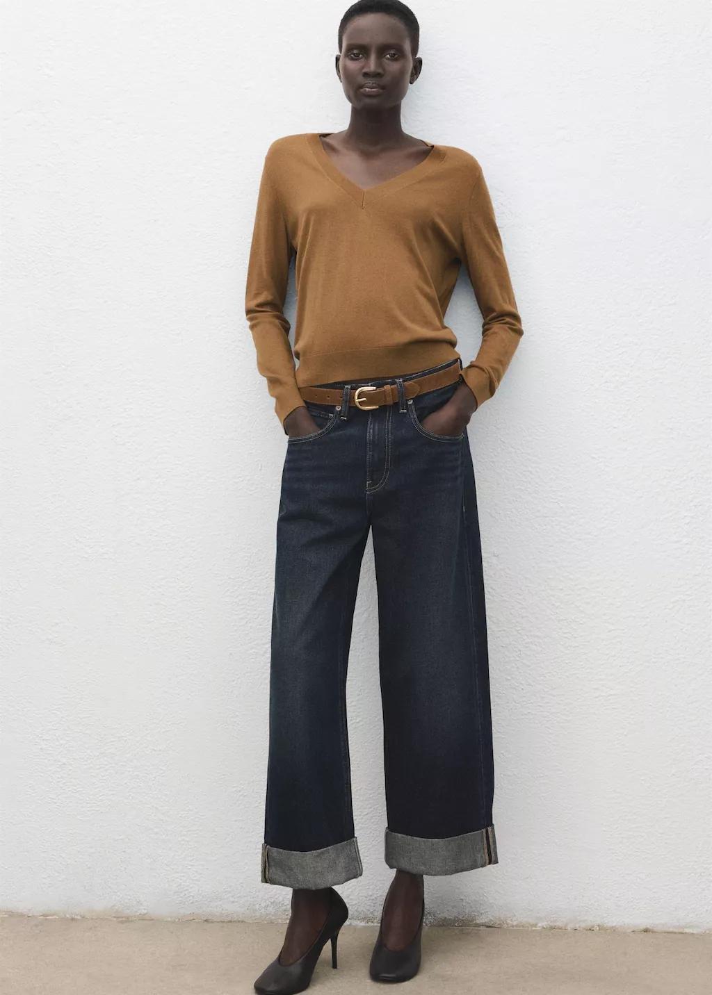 Brown V-Neck Knit Sweater, Medium Brown, large image number 0