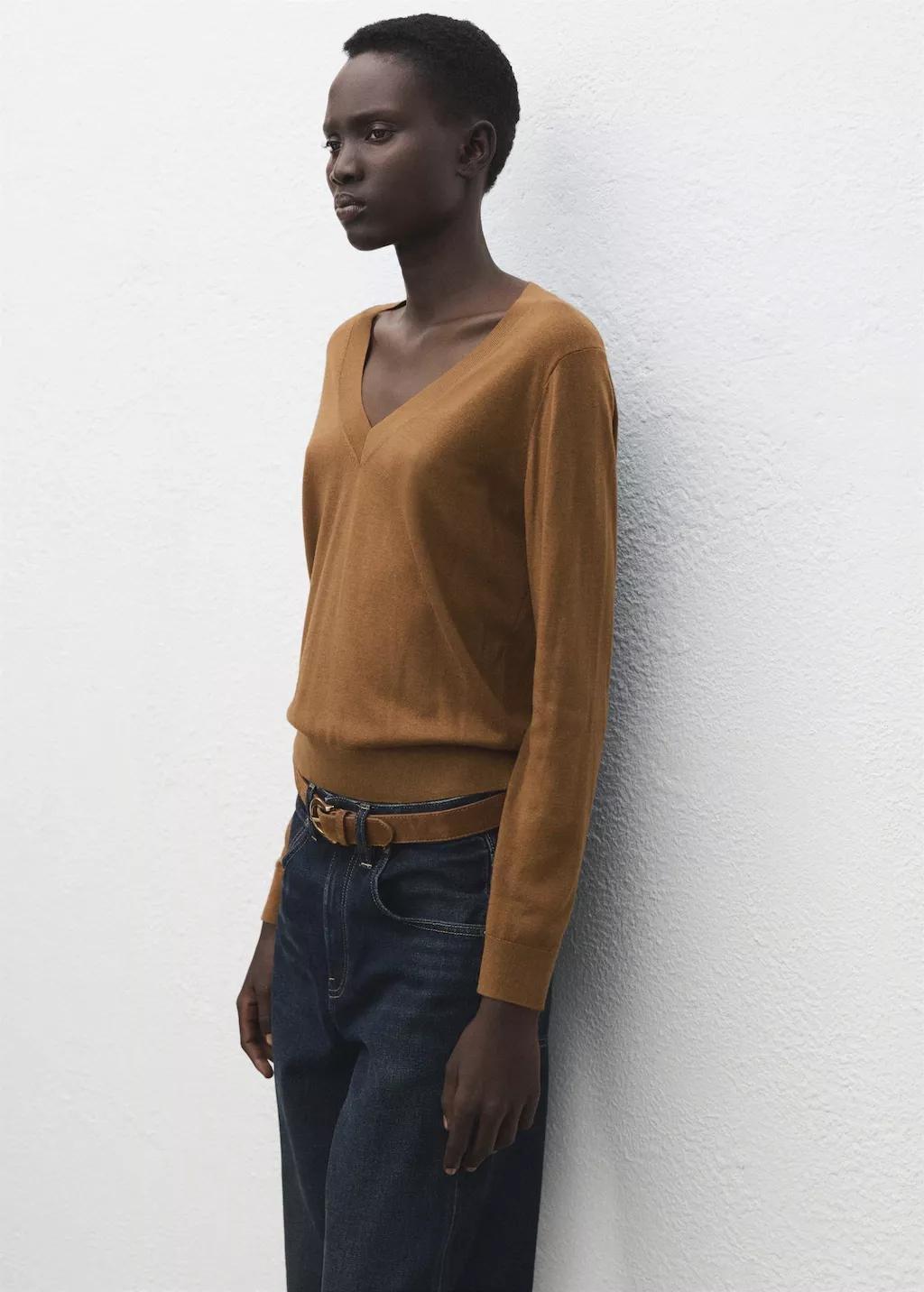 Brown V-Neck Knit Sweater, Medium Brown, large image number 3