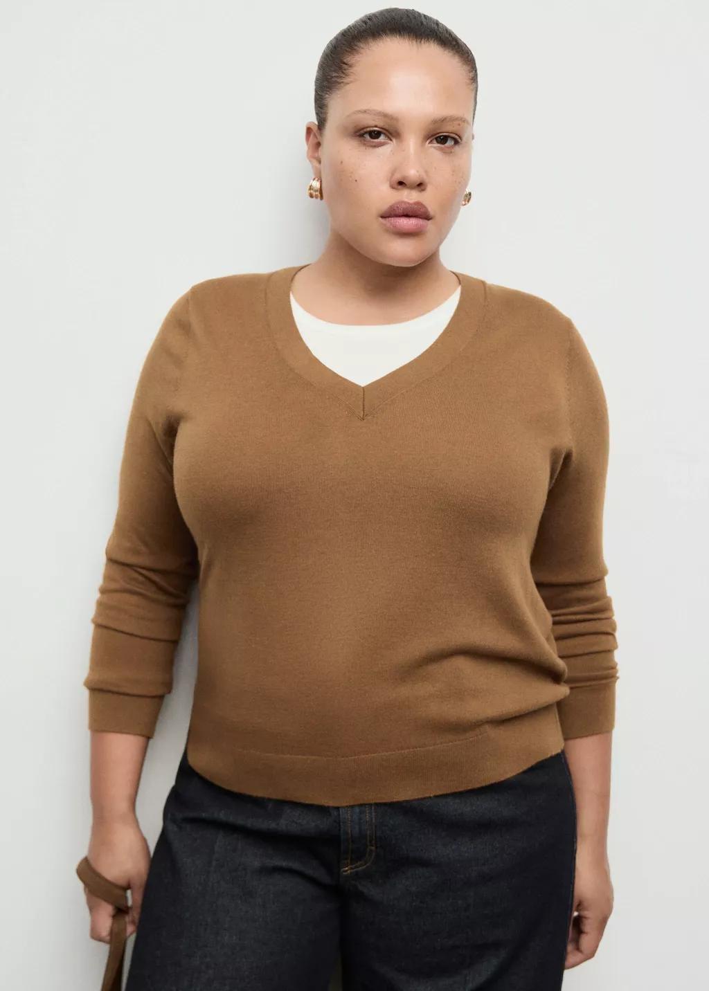 Brown V-Neck Knit Sweater, Medium Brown, large image number 6