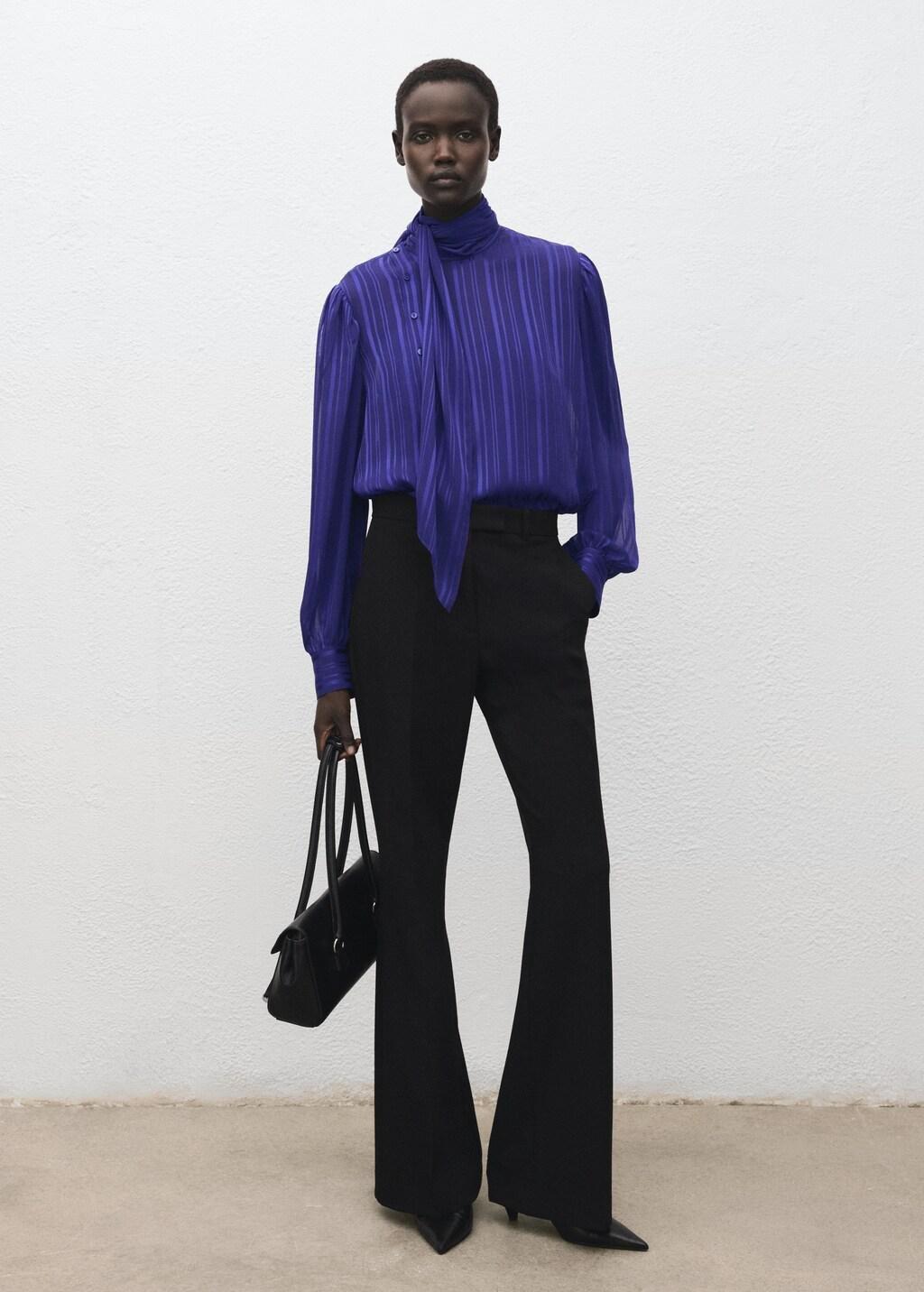 Purple Striped Blouse With Scarf, Medium Blue, medium
