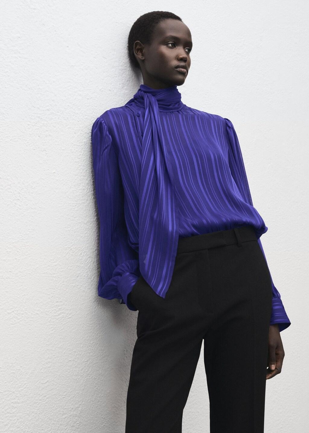 Purple Striped Blouse With Scarf, Medium Blue, large image number 3