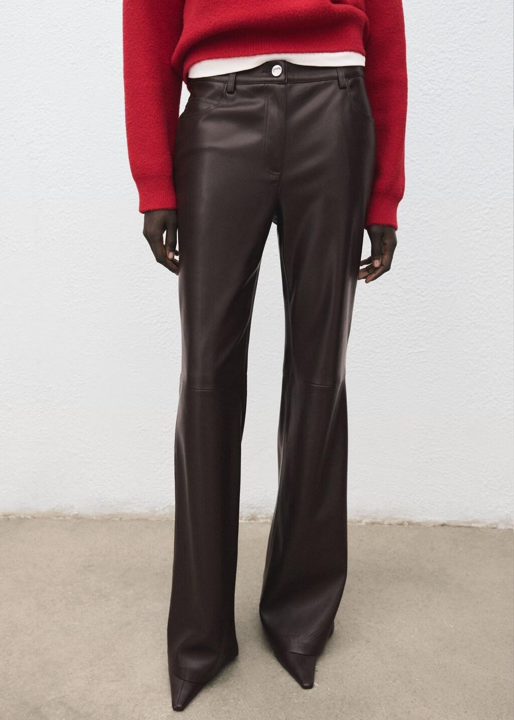 Brown Faux-Leather Flared Trousers, Dark Brown, large image number 3