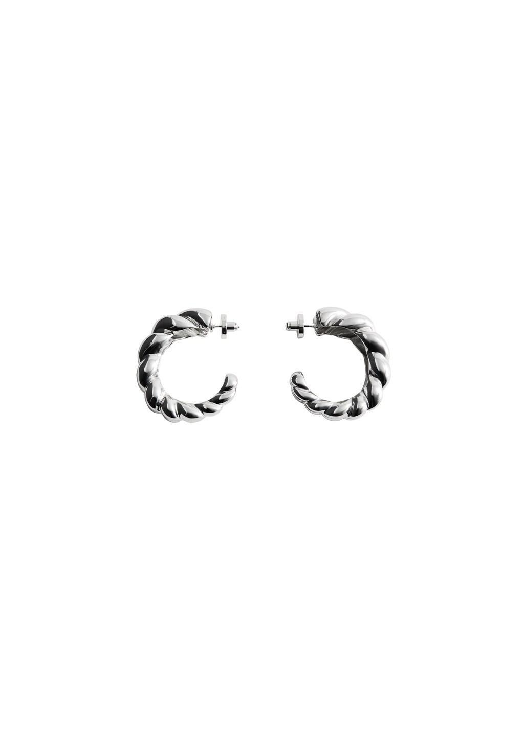 Silver Embossed Hoop Earrings, Silver, large image number 3