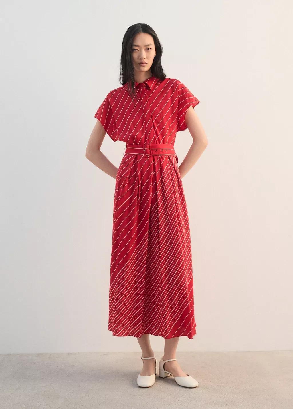 Red Belted Striped Shirt Dress, 0201_70, large image number 0