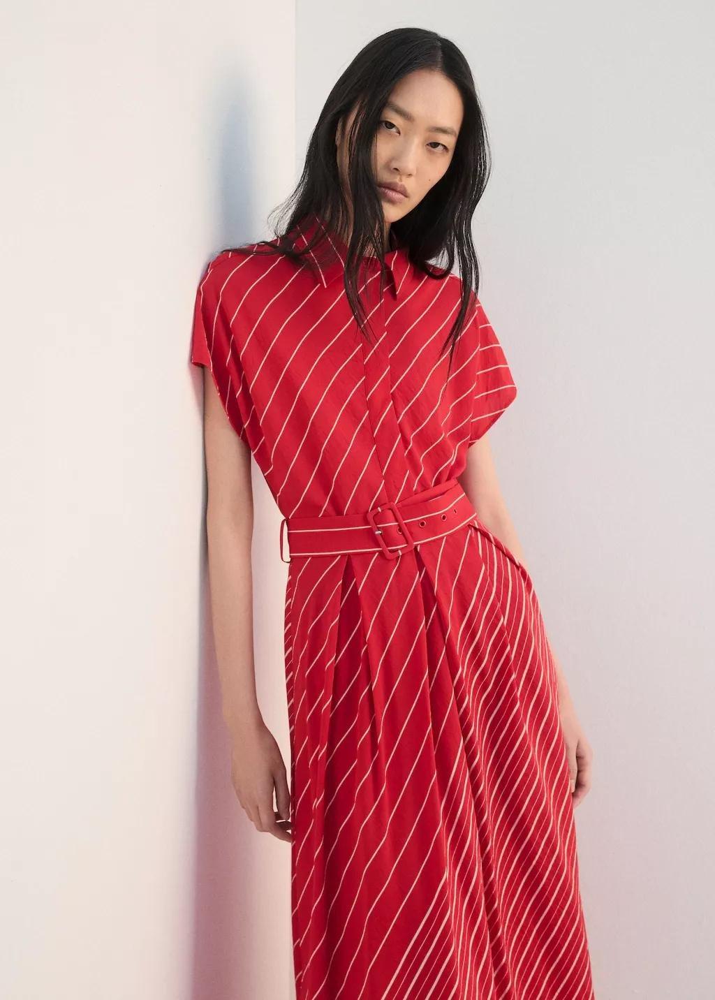 Red Belted Striped Shirt Dress, 0201_70, large image number 3