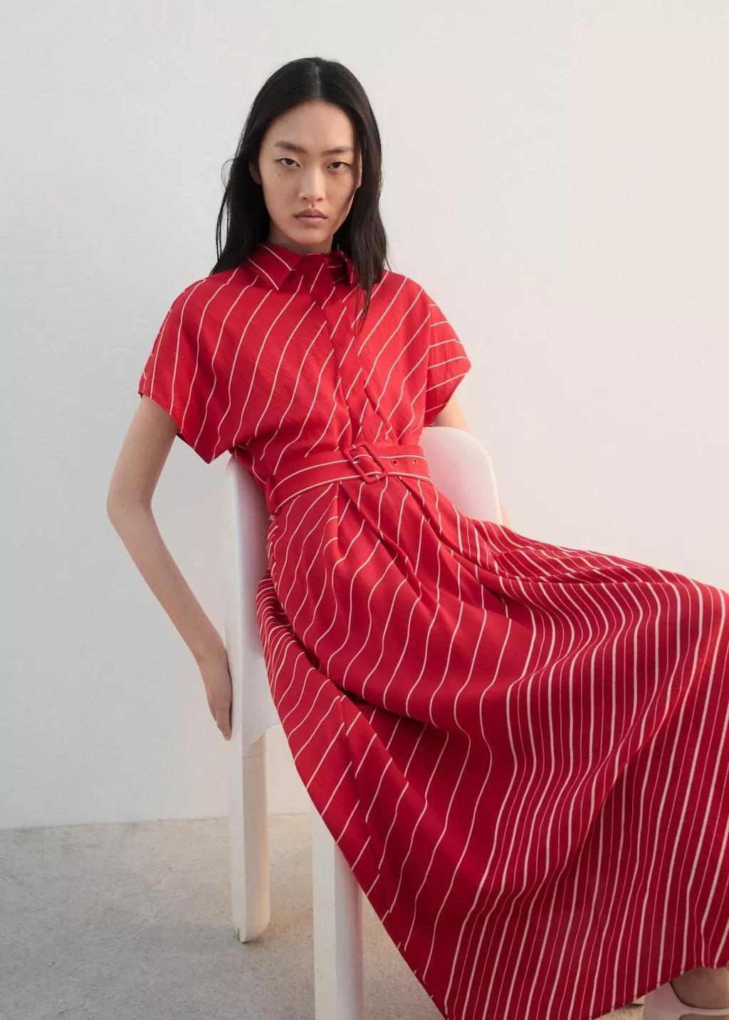 Red Belted Striped Shirt Dress, 0201_70, large image number 4