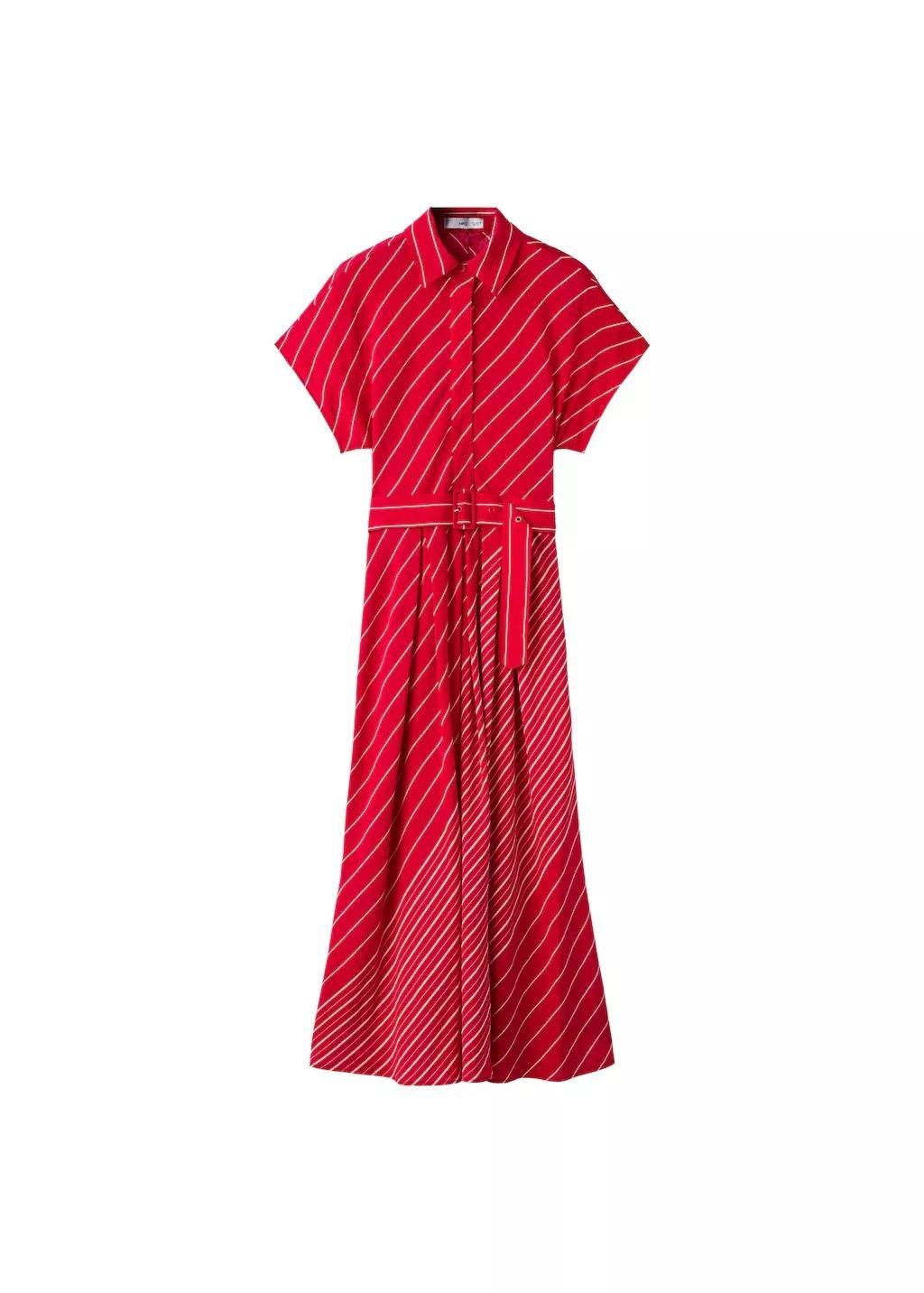 Red Belted Striped Shirt Dress, 0201_70, large image number 6