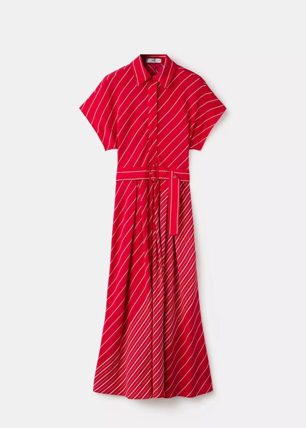 Red Belted Striped Shirt Dress, 0201_70, large image number 7