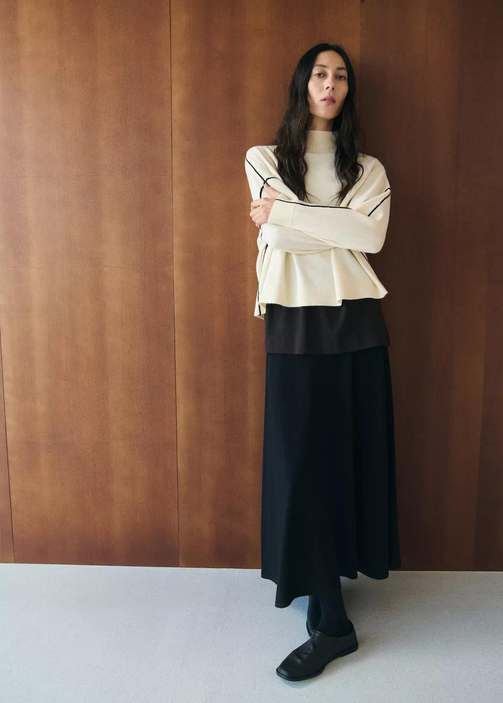 Beige Sweater With Contrasting Stripes And Perkins Collar, 0201_05, large image number 0