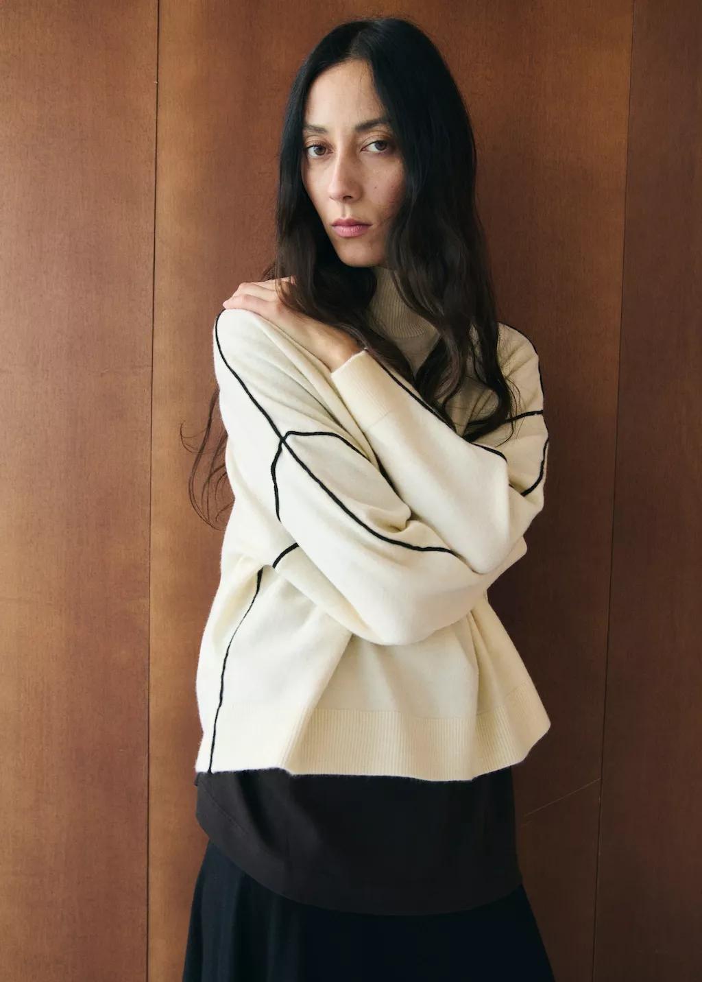 Beige Sweater With Contrasting Stripes And Perkins Collar, 0201_05, large image number 3