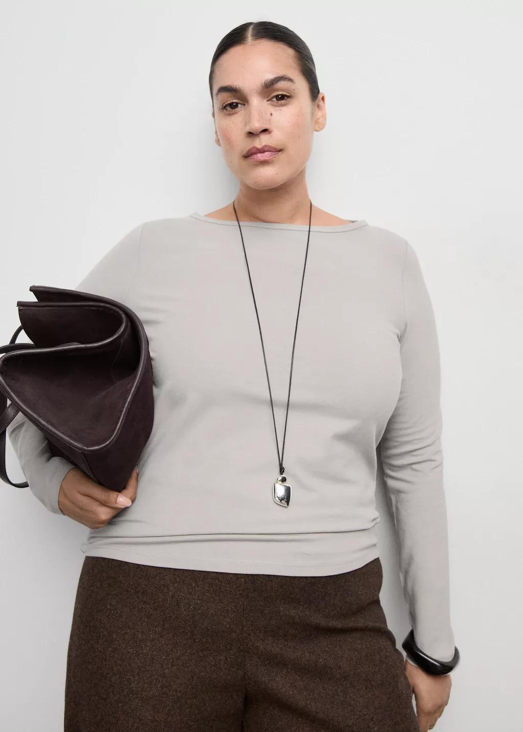 Grey Cotton Boat Neck T-Shirt, 0201_35, large image number 5