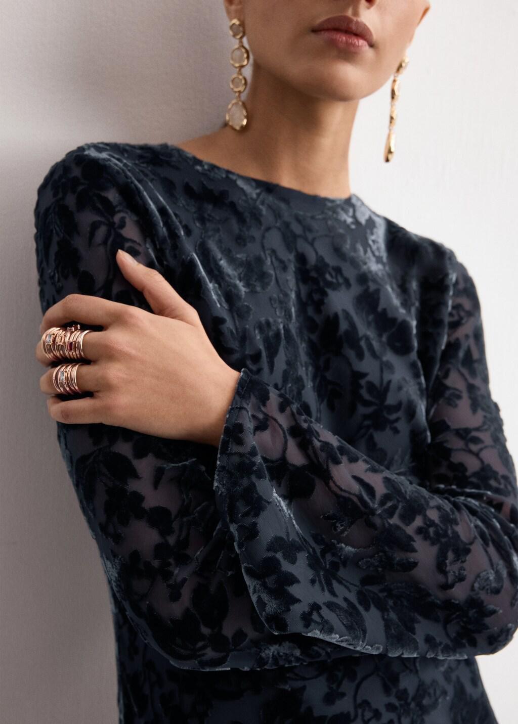 Blue Devore Dress With Bell Sleeves, Dark Blue, large image number 6