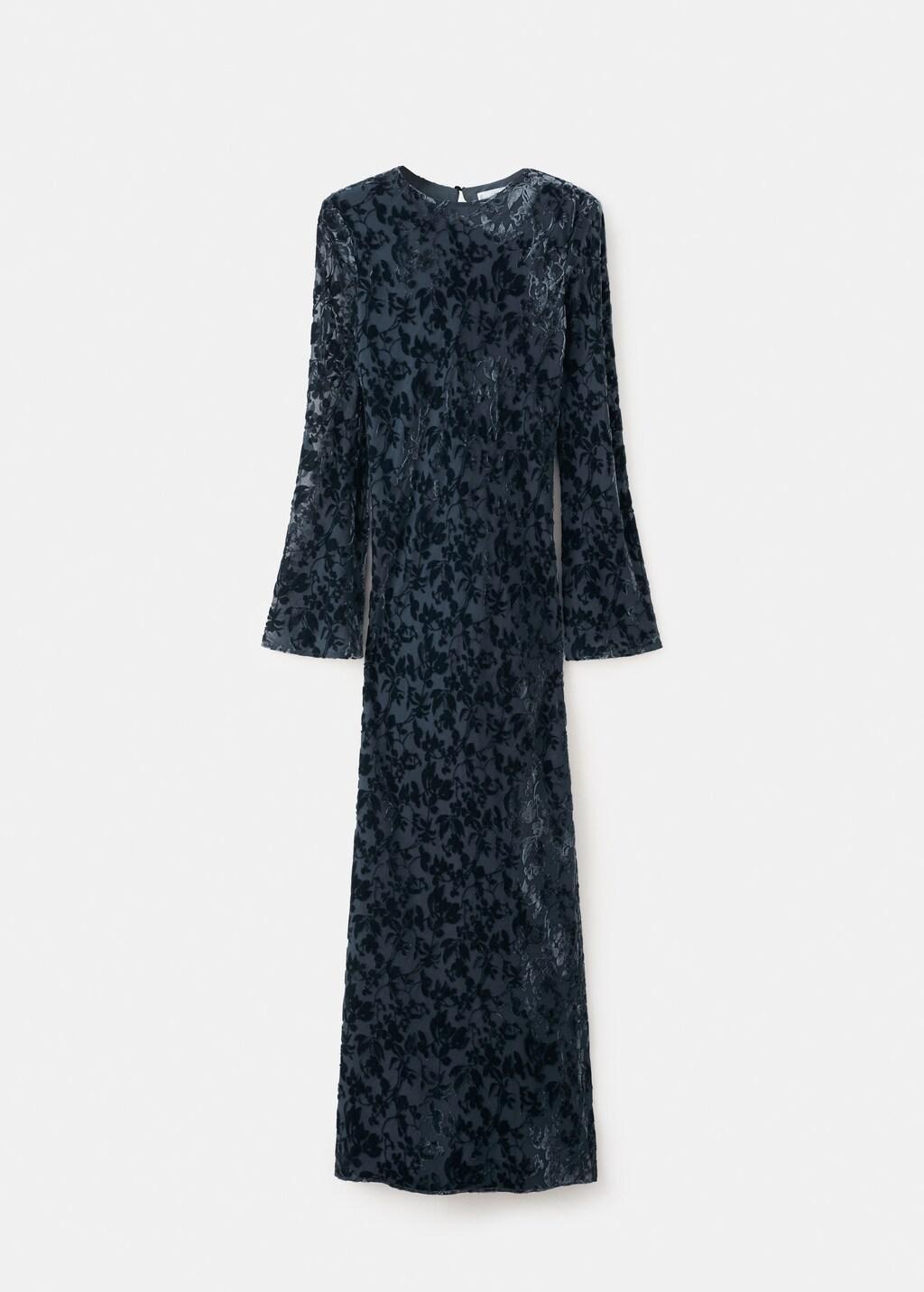 Blue Devore Dress With Bell Sleeves, Dark Blue, large image number 8