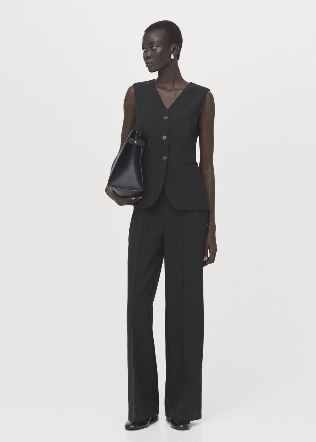 Black Pinstripe Suit-Style Jumpsuit, Black, large image number 0