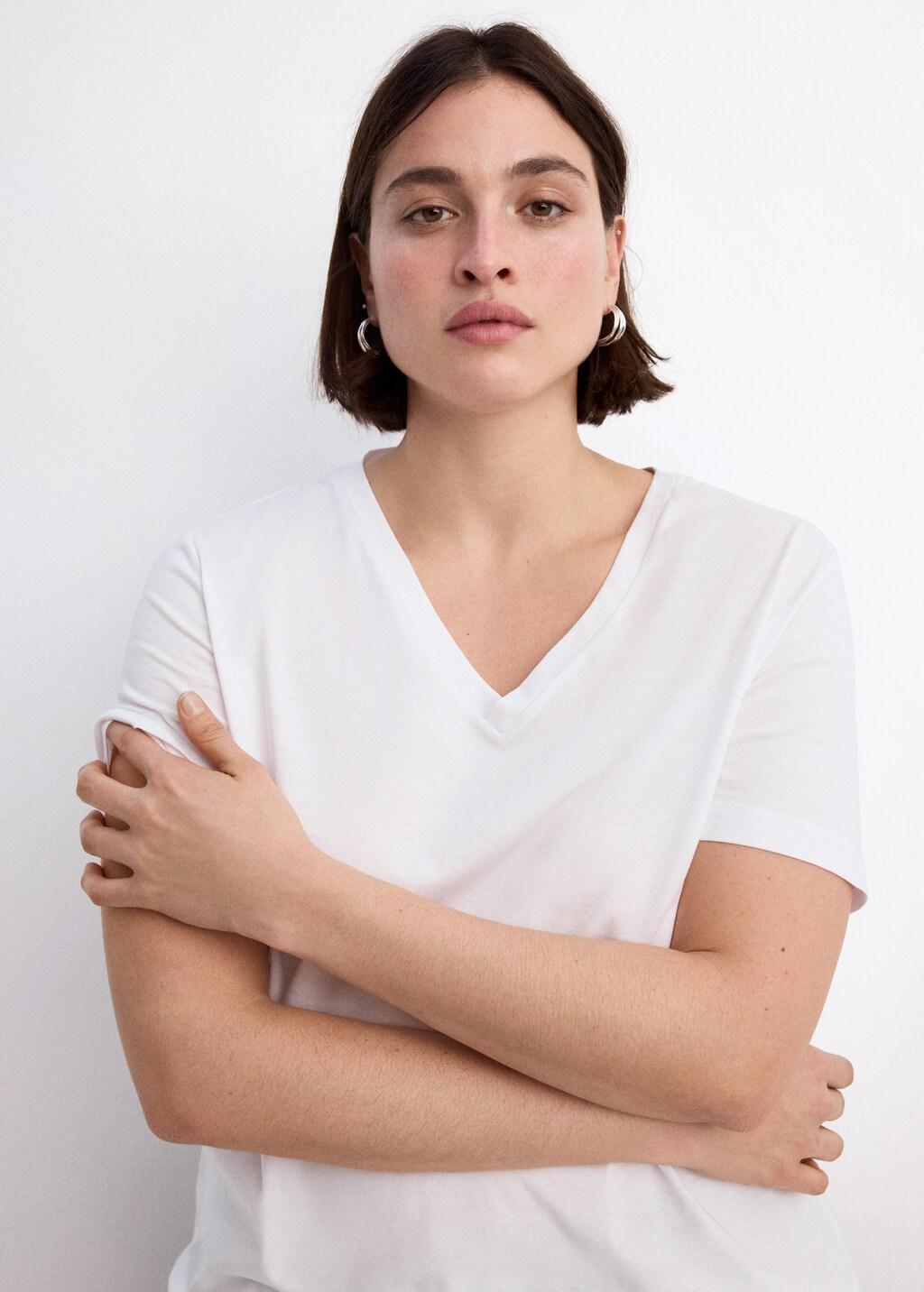 White V-Neck Cotton T-Shirt, 0201_01, large image number 6