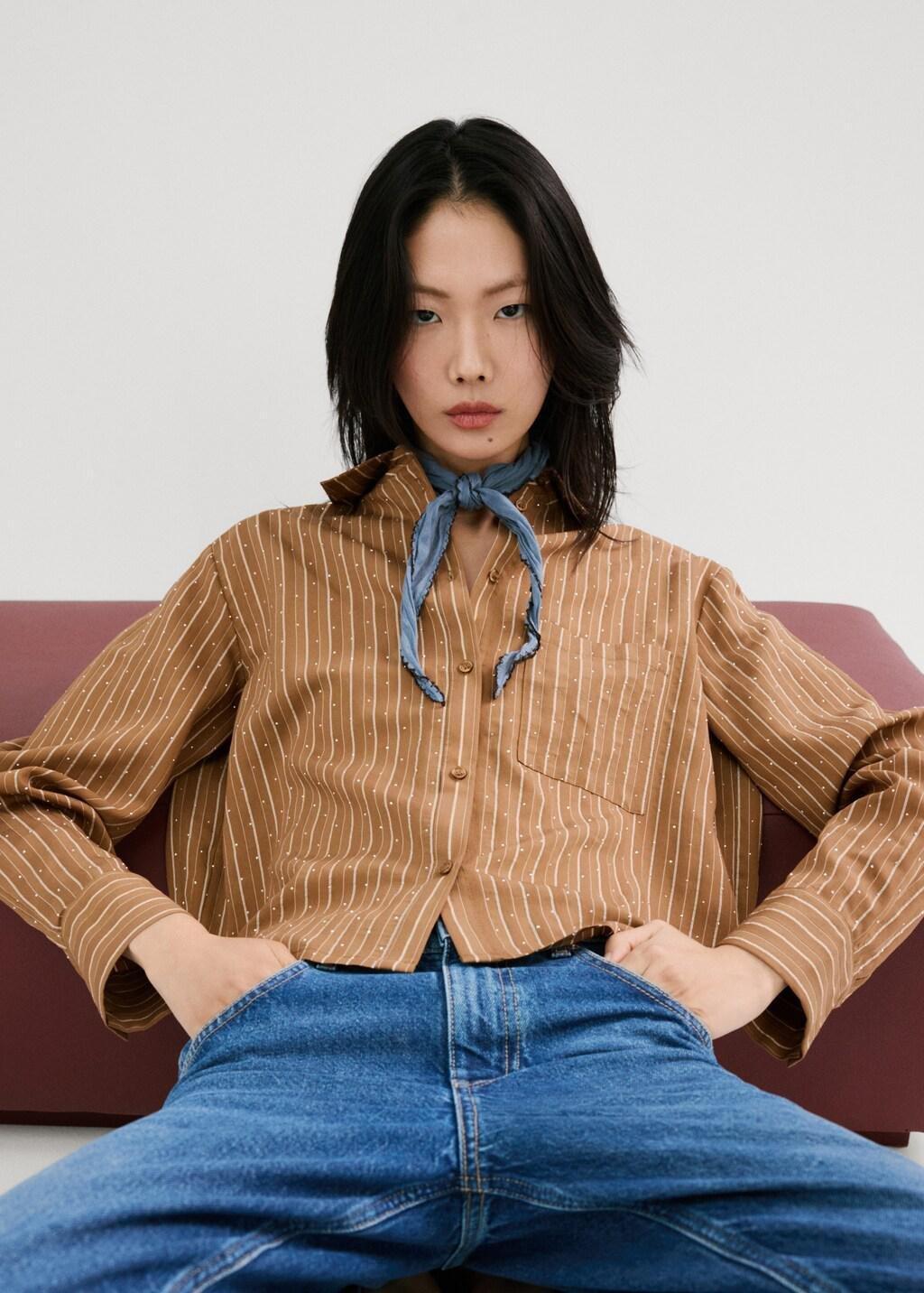 Brown Striped Shirt With Rhinestone Detail, Brown, large image number 3