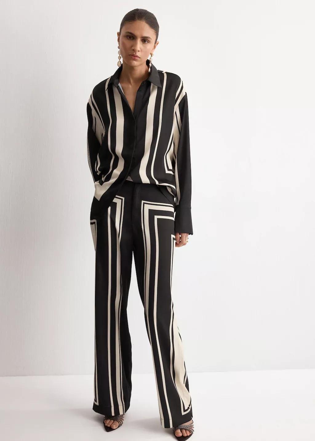 Black Satin Printed Trousers, Black, medium