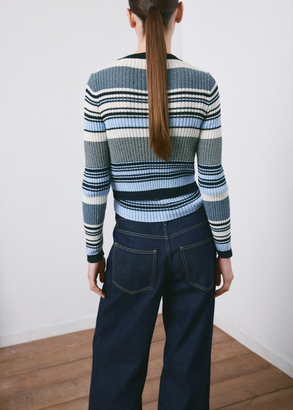 Blue Stripped Knit Cardigan, Medium Blue, medium