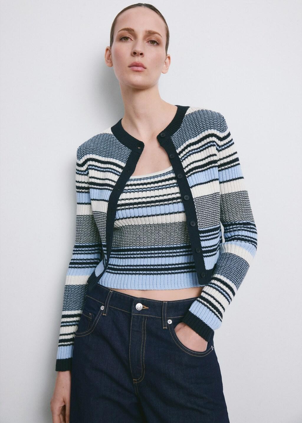 Blue Stripped Knit Cardigan, Medium Blue, large image number 3