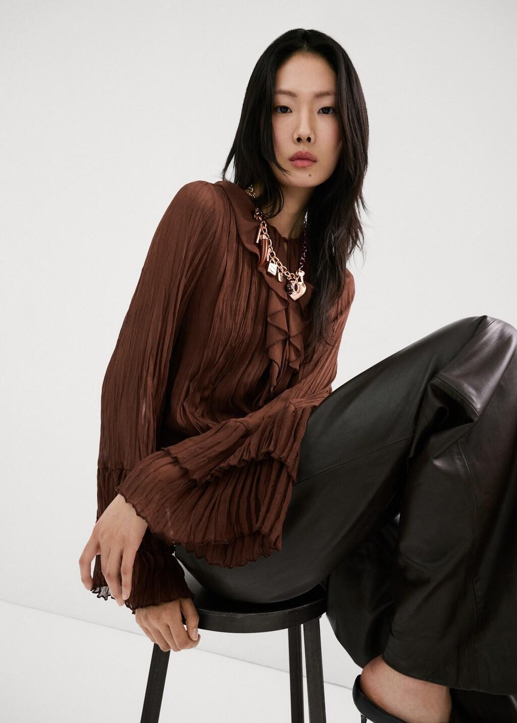 Brown Ruffled Chiffon Blouse, Brown, large image number 3