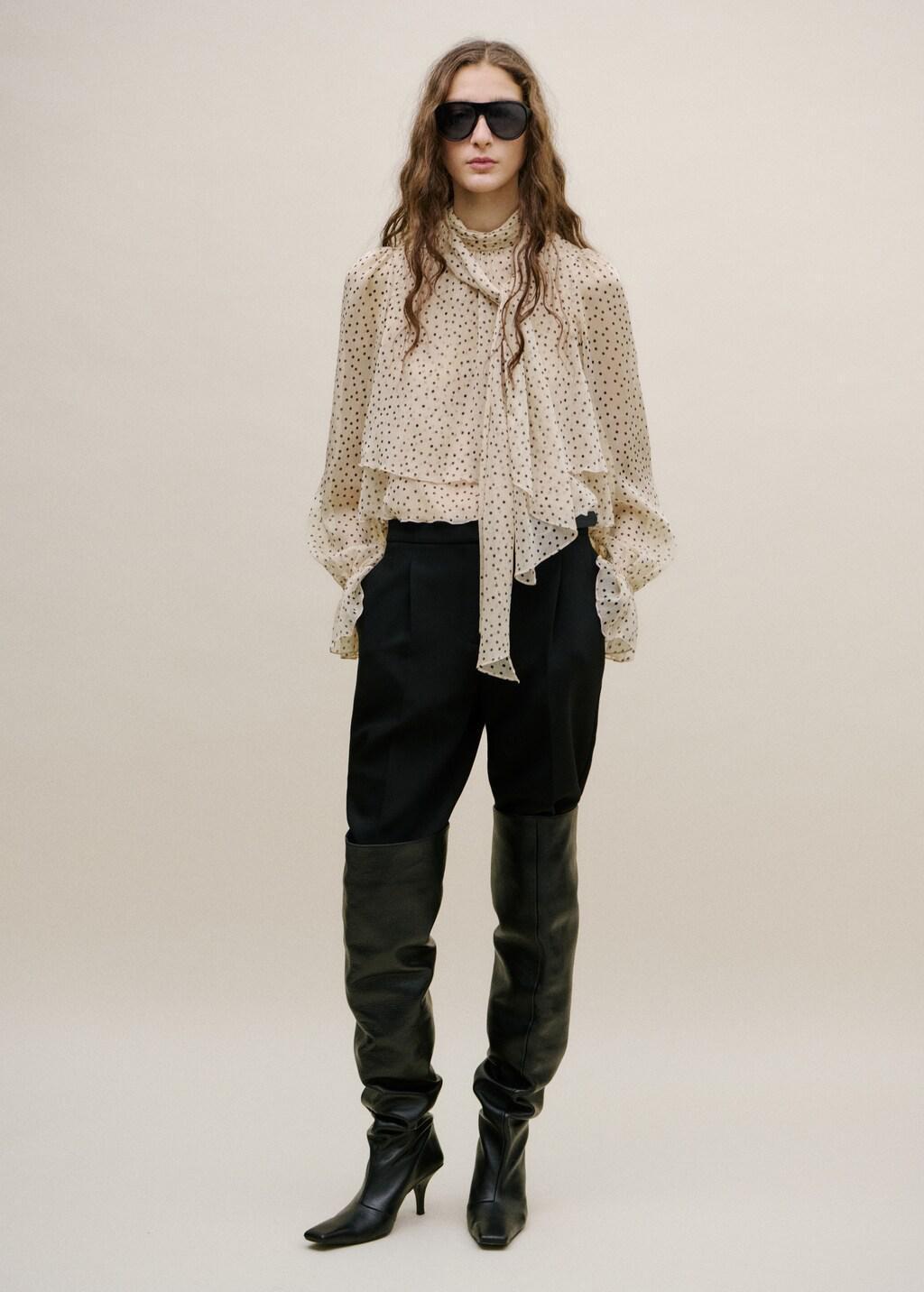 Beige Bow Polka-Dot Blouse, Light Beige, medium