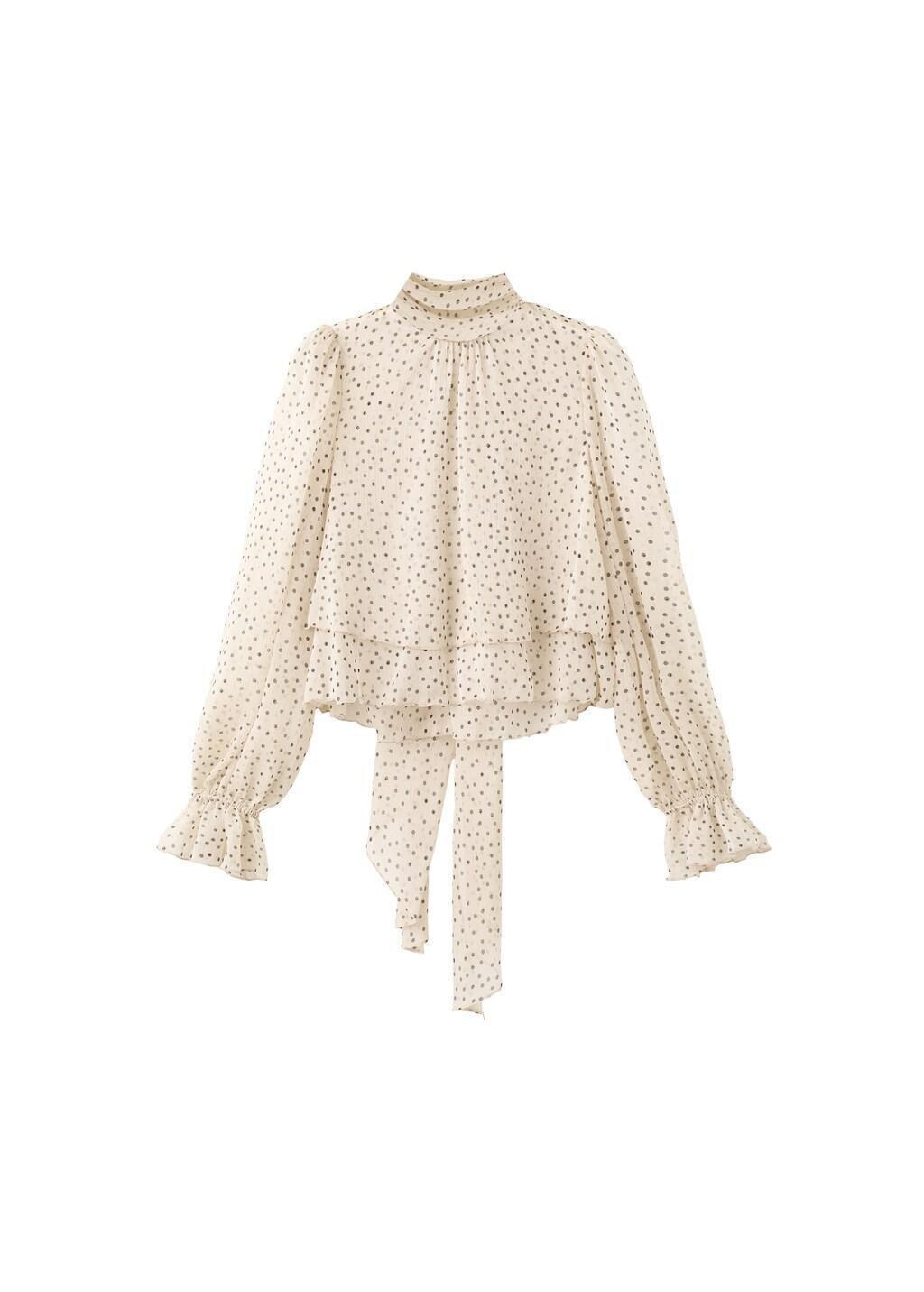 Beige Bow Polka-Dot Blouse, Light Beige, large image number 5